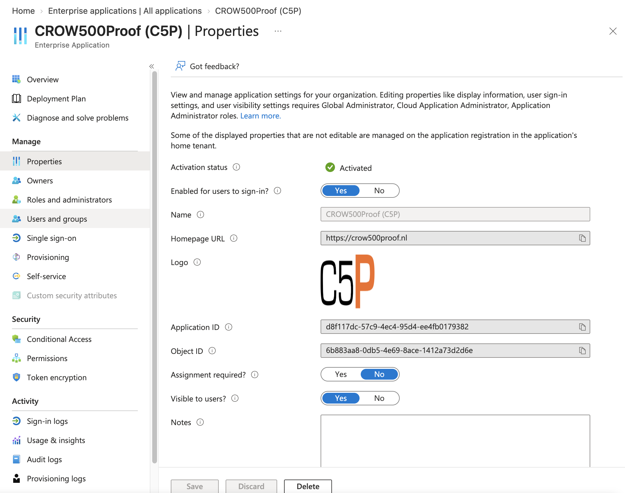 Properties van de C5P Infradossier enterprise application