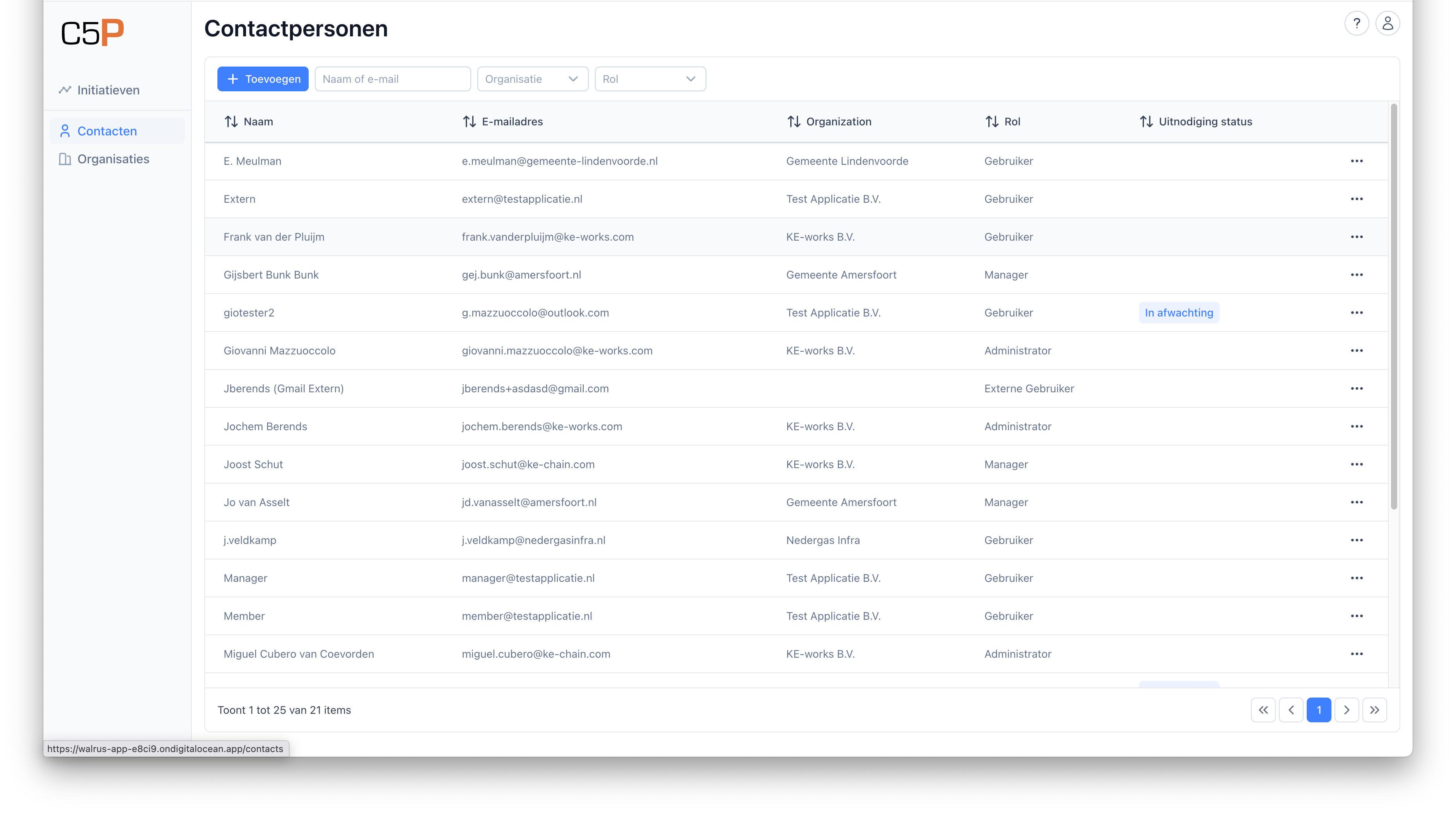 Contacten overzicht hoofdscherm