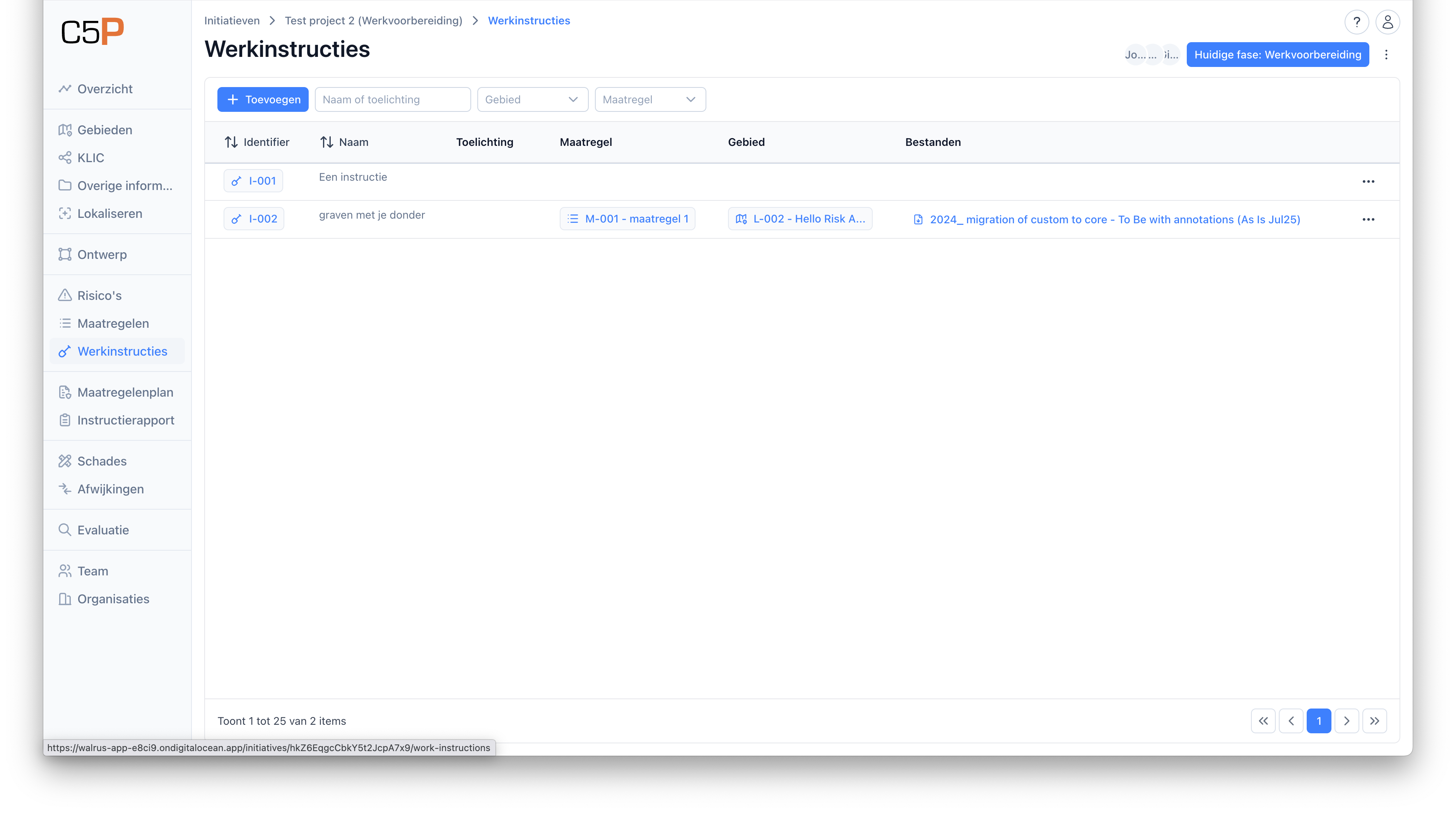 Werkinstructies hoofdscherm