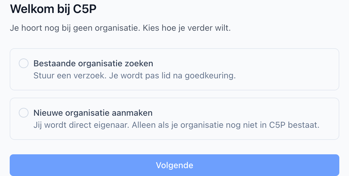 Onboardingscherm: kies zoeken of aanmaken