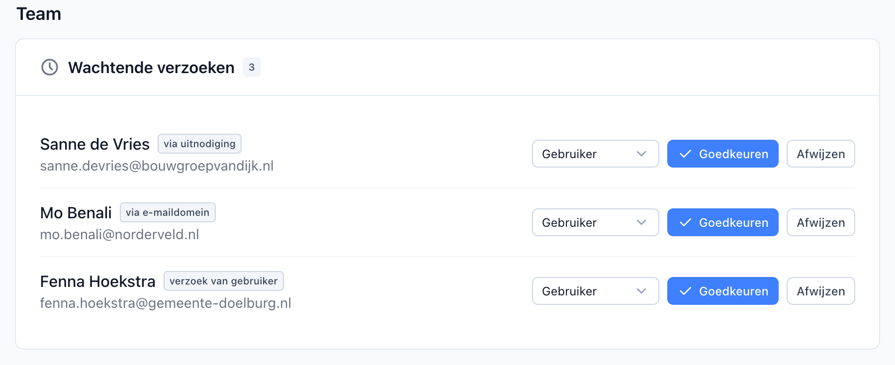 Wachtende verzoeken op de Contacten-pagina, met herkomst-badges